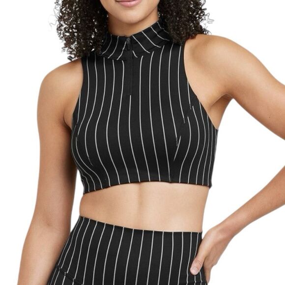 NEW JoyLab Black White Stripe High Neck Zip-up Bra XS - Picture 1 of 7
